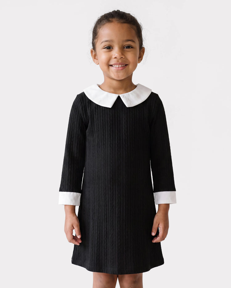 Kid Girl Avant-garde Solid Color Lapel Design Long Sleeve Dress Black