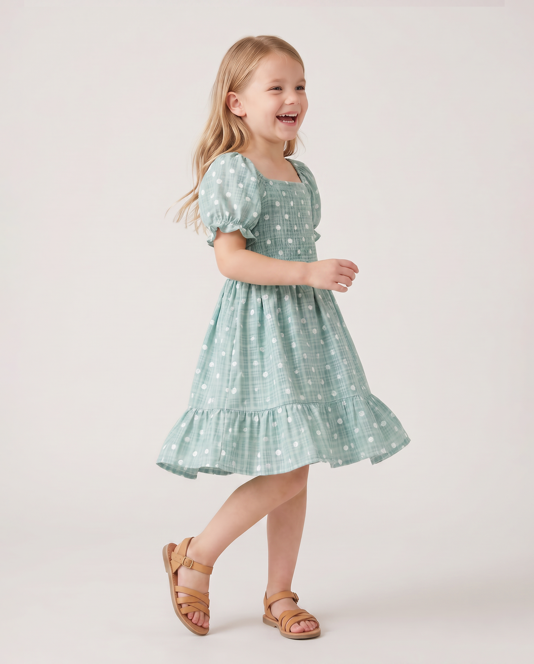 Family Matching T-Shirt & Dress Set Polka Dot Puff-sleeve Dress for Mom, Daughter & Baby, Color Block Cotton Tee for Dad & Son, Perfect for Family Outings & Photos Light Green