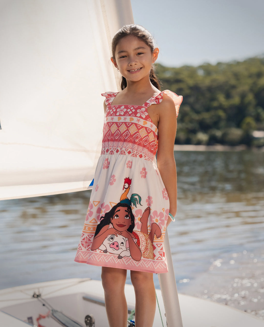 Disney Princess Mommy and Me Moana Floral Dresses with Ruffle Straps for Summer Family Outings & Photos Pink