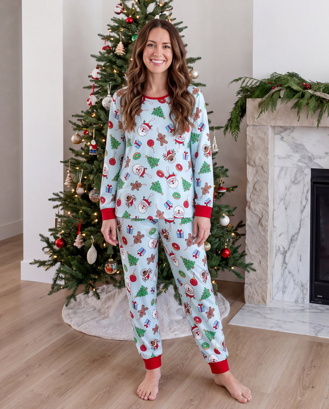 Christmas Matching Family Pajamas Santa & Xmas Tree Print Teal