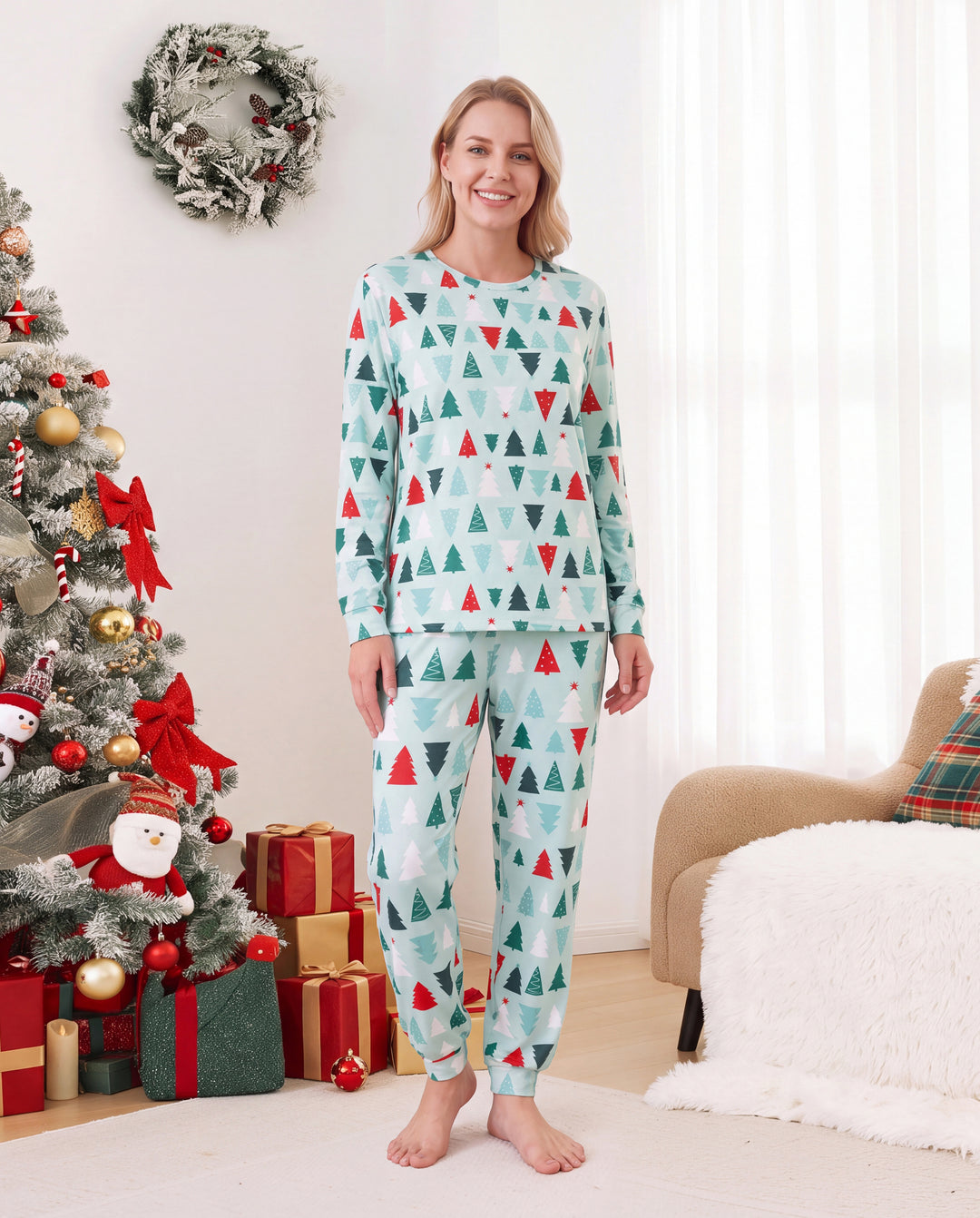 Pyjamas de Noël assortis pour toute la famille, motif sapin de Noël, coton bleu