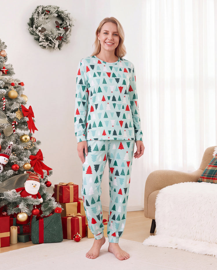 Pyjamas de Noël assortis pour toute la famille, motif sapin de Noël, coton bleu