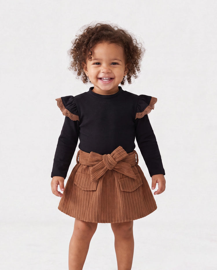 Ensemble 2 pièces pour bébé fille, haut à manches longues en dentelle et robe à ceinture, couleur unie, marron