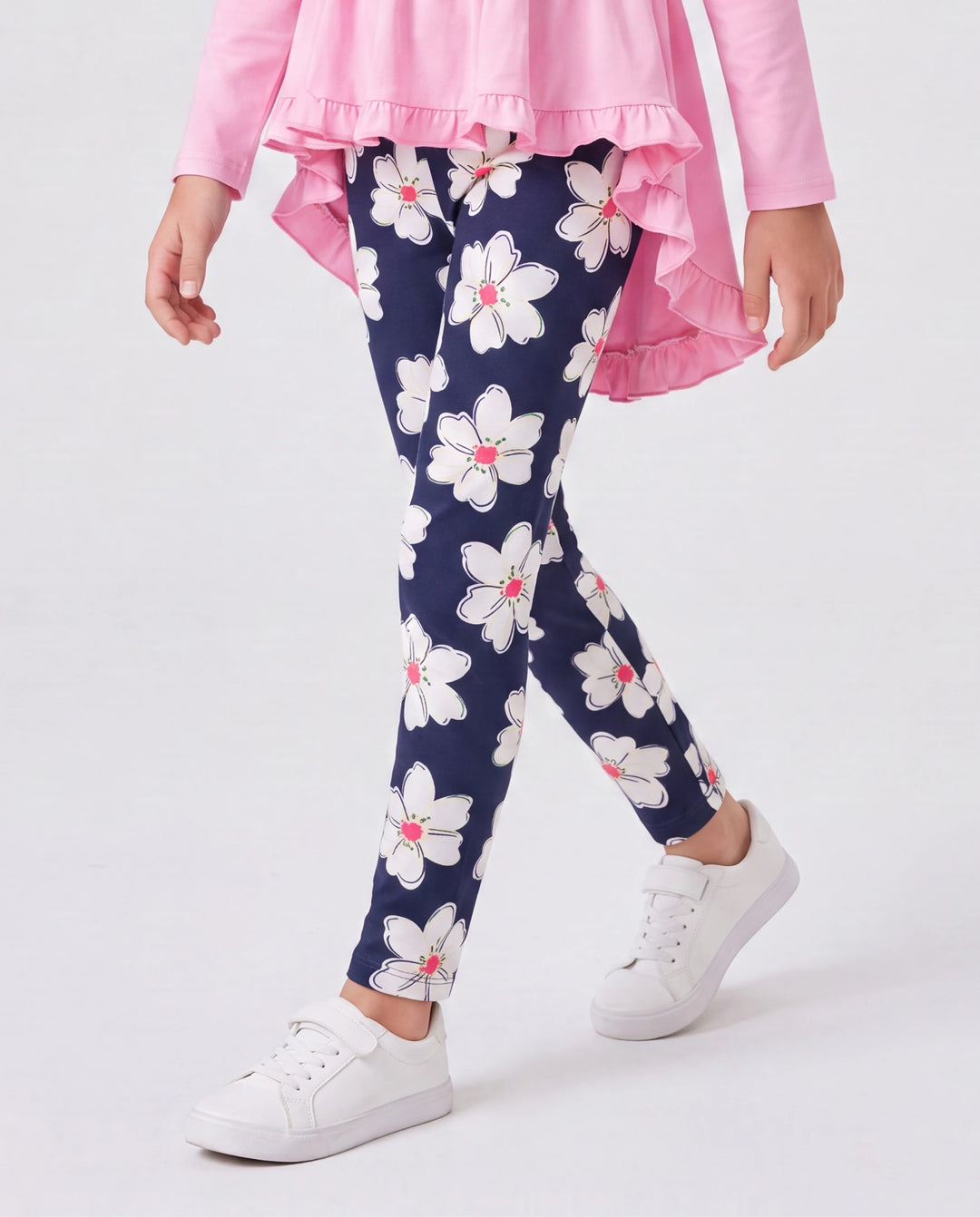 Ensemble 2 pièces pour fille avec t-shirt à manches longues et volants avec nœud papillon et pantalon imprimé floral rose