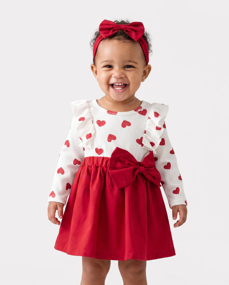 Conjunto de 2 piezas de vestido con lazo y corazón para niña, color rojo