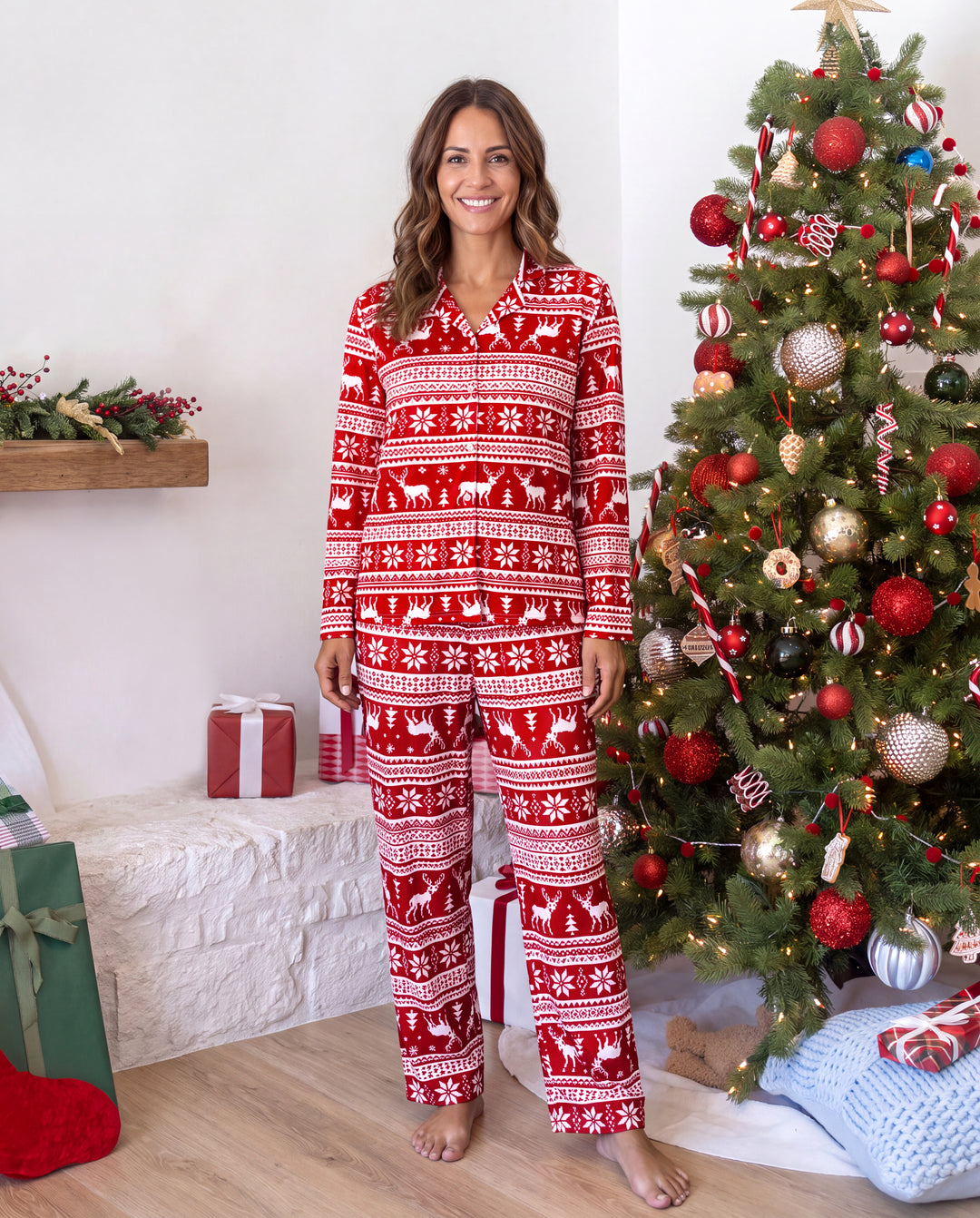 PatPat Family Matching Christmas Pajamas Fair Isle Print Collared Red