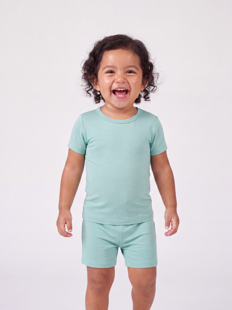 Bamboo Family Pajamas Solid Color Green Short Sleeve Matching Pajama Set ( Snug-Fitting for Children ) Green