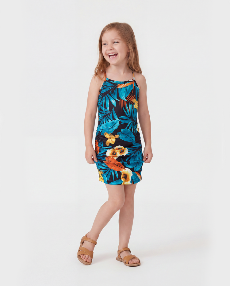 Family Matching Floral Panel T-shirt and Floral Ruched Drawstring Side Strap Dress Sets Black