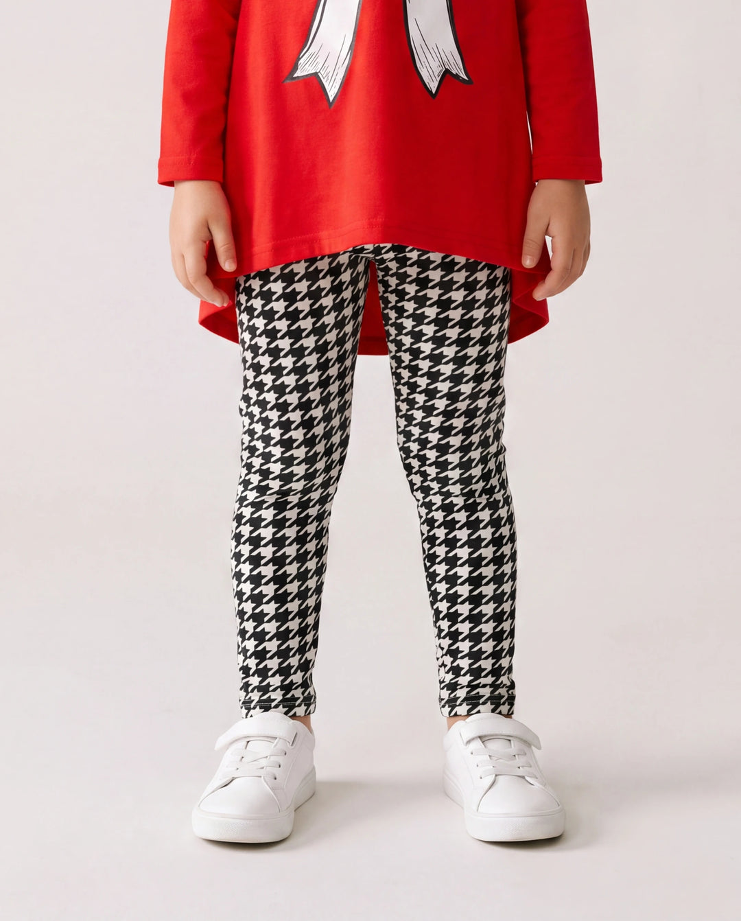 2pcs Toddler Girl Bowknot Print High Low Long-sleeve Tee and Houndstooth Leggings Set Red-2