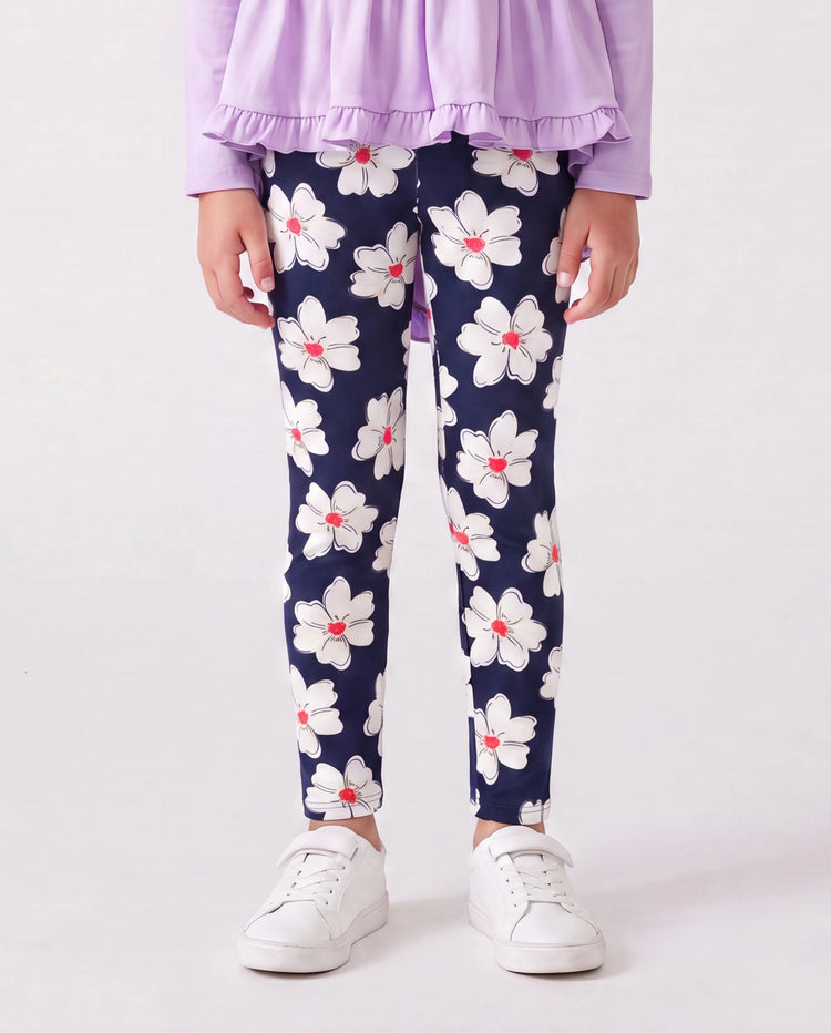 Ensemble 2 pièces pour fille, t-shirt à manches longues et volants avec nœud papillon et pantalon à imprimé floral violet clair