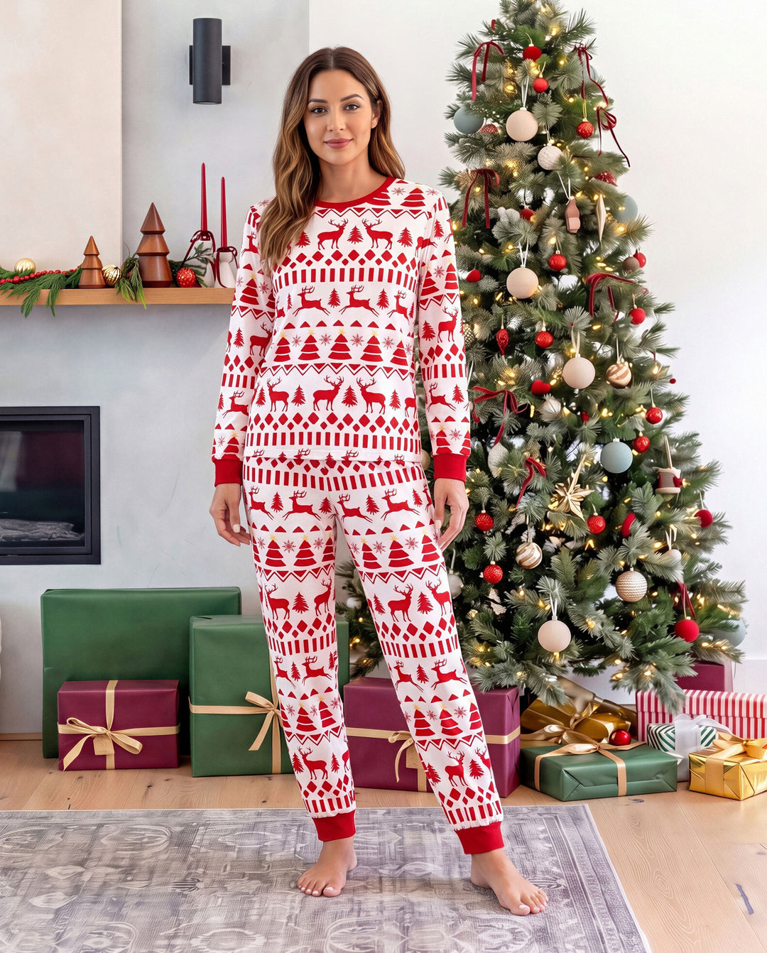 Pijamas navideños a juego para toda la familia, estampado de Fair Isle y reno, rojo