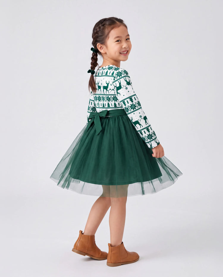 Ensembles de robes et hauts imprimés en maille assortis pour la famille, thème festival vert, Noël