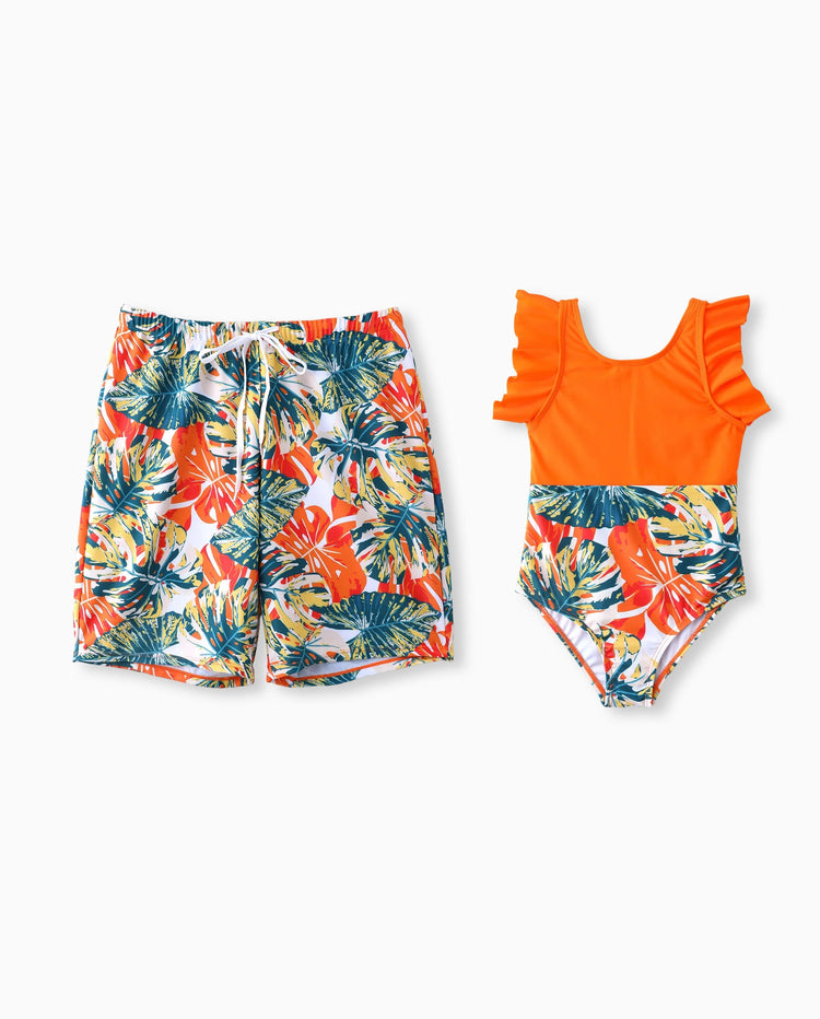 Daddy & Son Orange and All Over Tropical Plant Print Splicing Ruffle Swim Trunks Shorts Orange color