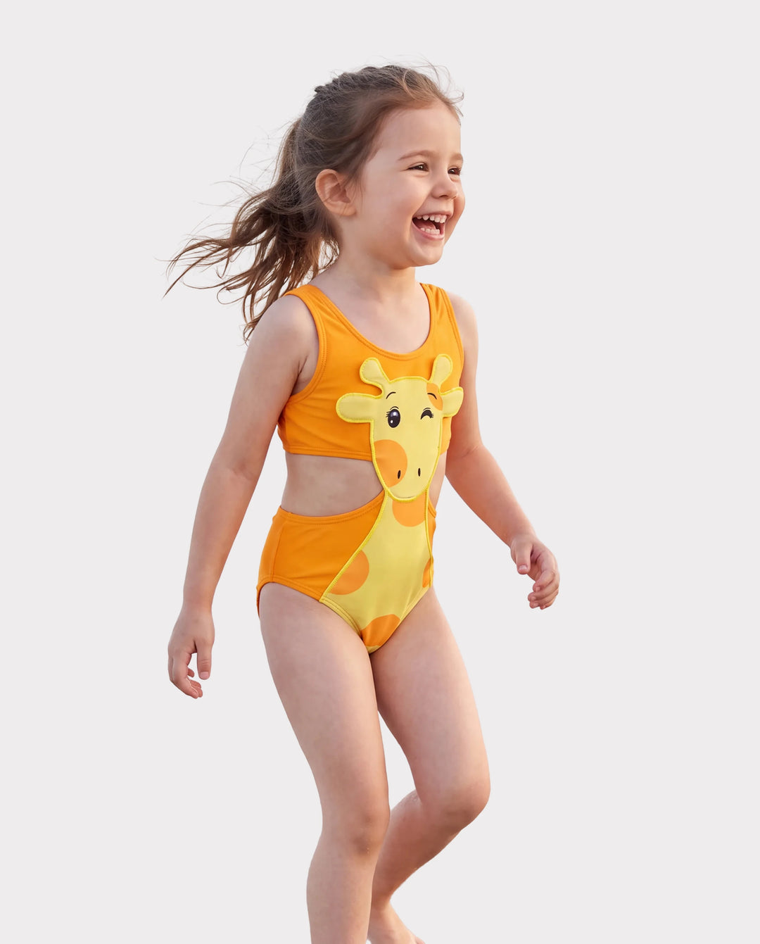 ärmelloser einteiliger Badeanzug des verspielten Giraffendesigns des Kleinkindmädchens orange
