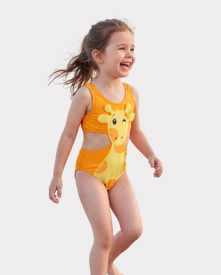 ärmelloser einteiliger Badeanzug des verspielten Giraffendesigns des Kleinkindmädchens orange