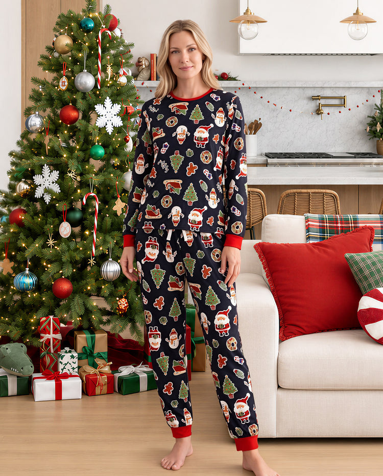 Pijamas navideños a juego para toda la familia con estampado de árboles de Navidad y muñecos de jengibre, negro