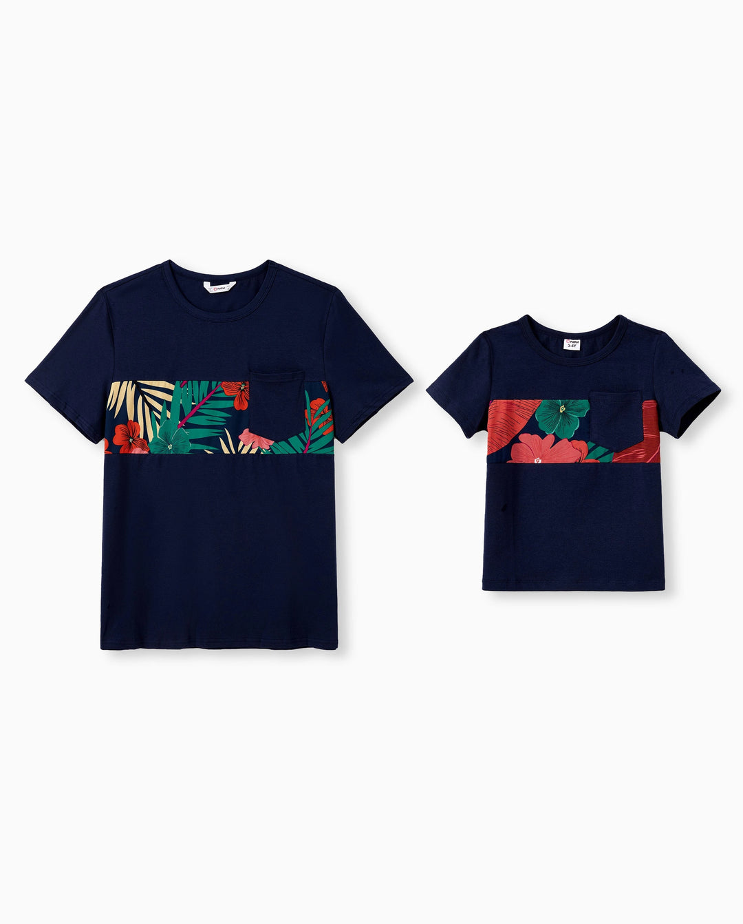 Ensembles assortis famille papa et moi t-shirt noir à panneau floral et robe à bretelles en V avec boutons-pression cachés Bleu foncé
