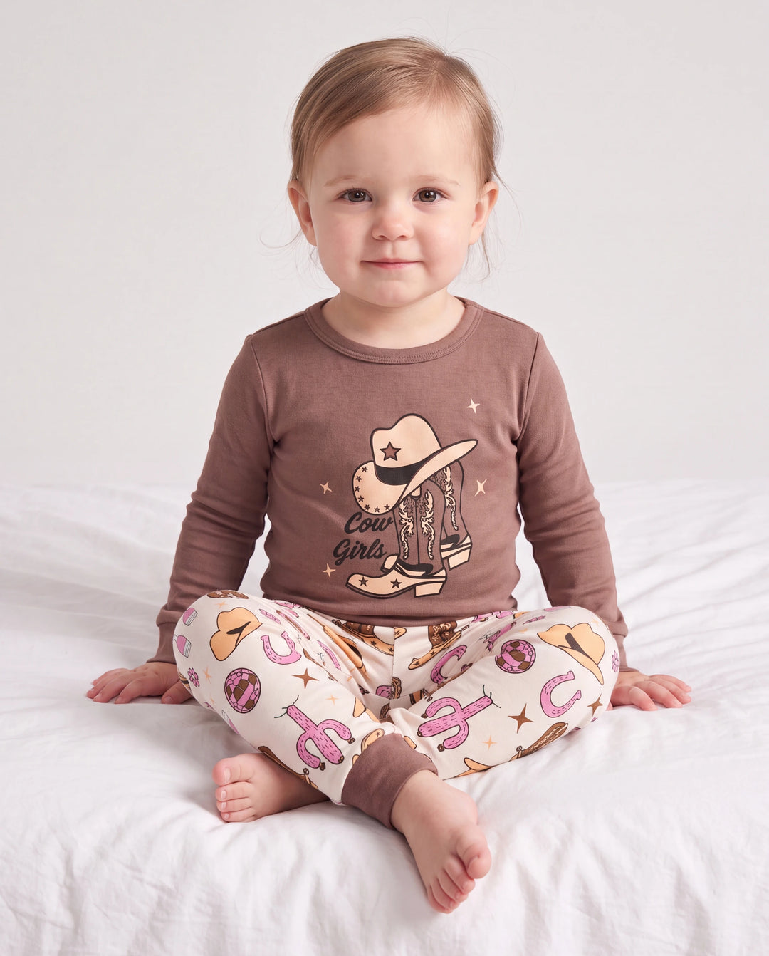 Toddler / Kids 4-piece Organic Cotton Pajamas 4-in 1 Snug fit PaJama Set for Girls Brown