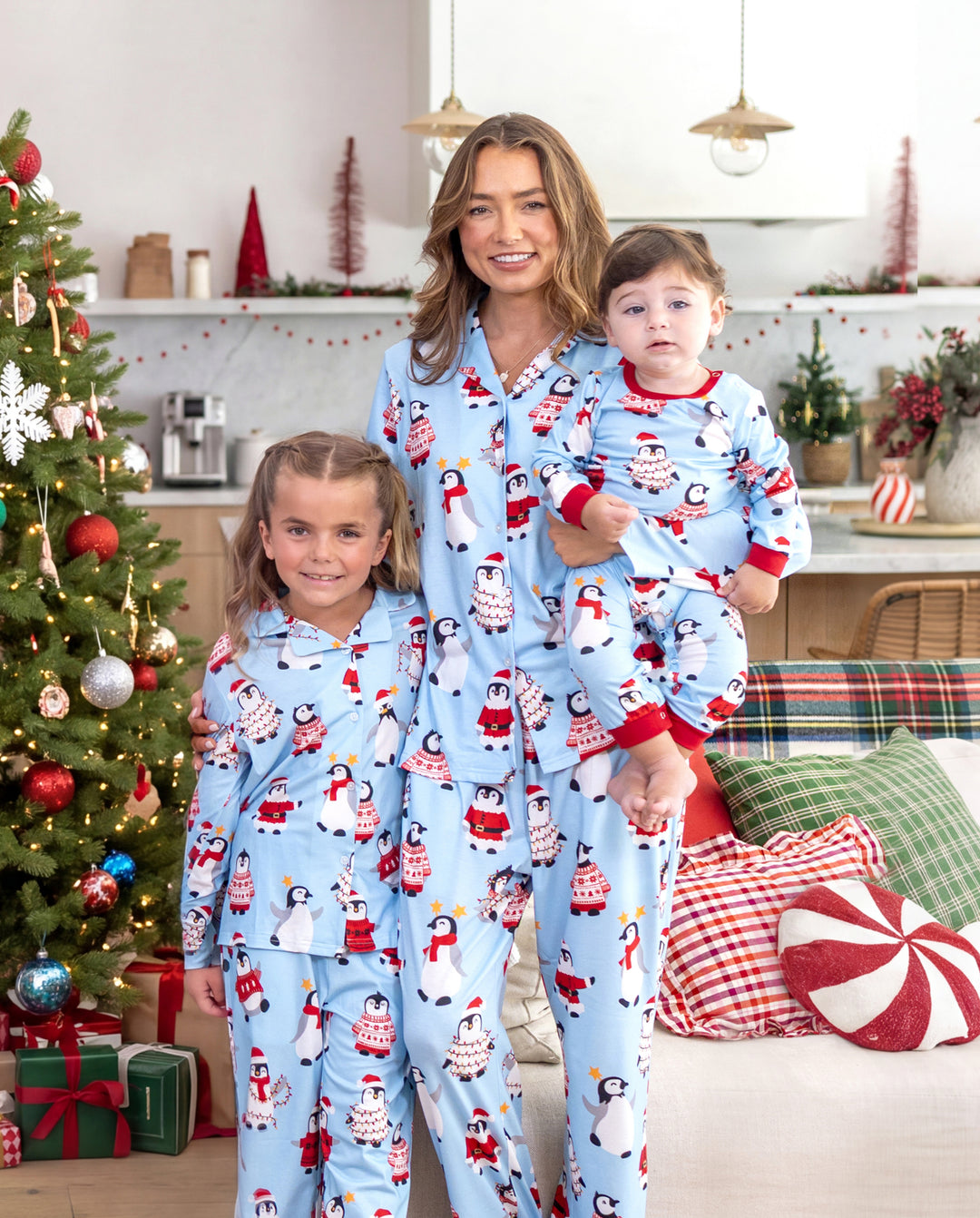 Weihnachts-Pyjamas im Familien-Partnerlook, Pinguin-Print, Blau