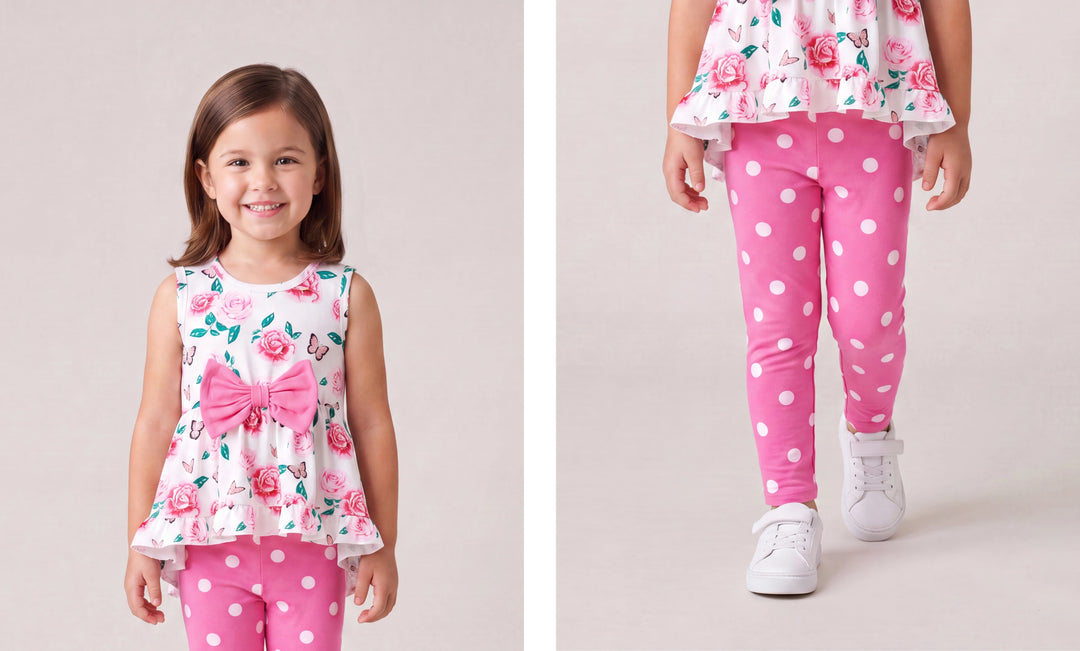 Conjunto de 2 piezas para niña pequeña con estampado floral, diseño de lazo, volantes, camiseta sin mangas de corte alto y pantalón de lunares, color rosa