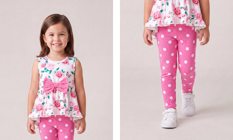 Conjunto de 2 piezas para niña pequeña con estampado floral, diseño de lazo, volantes, camiseta sin mangas de corte alto y pantalón de lunares, color rosa