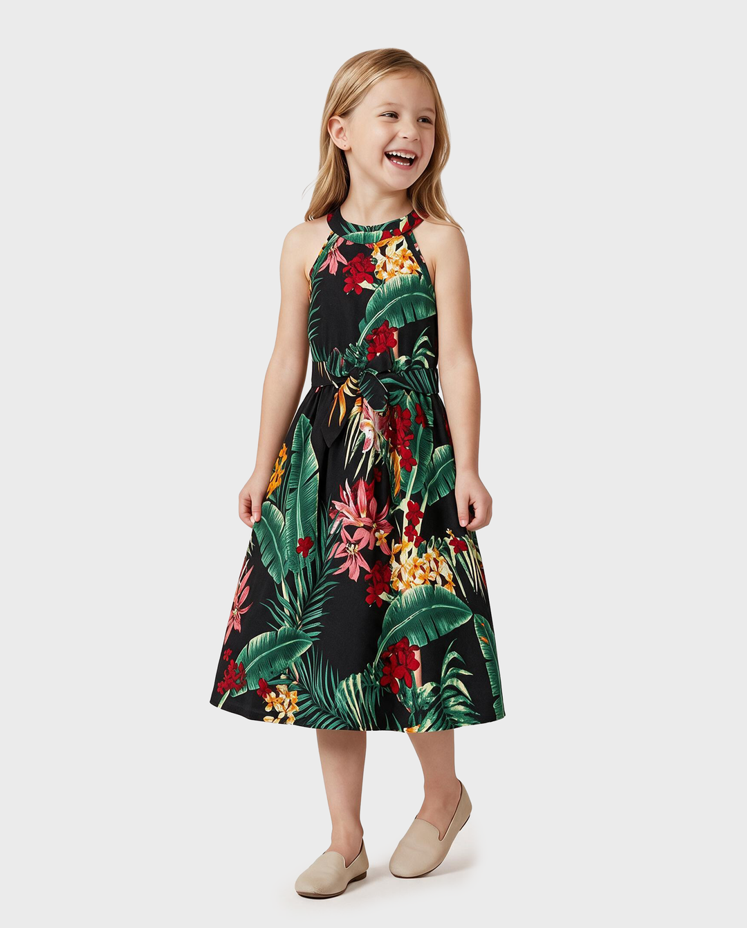 Family Matching Allover Plant Floral Print Halterneck Dresses and Short-sleeve Shirts Sets Black