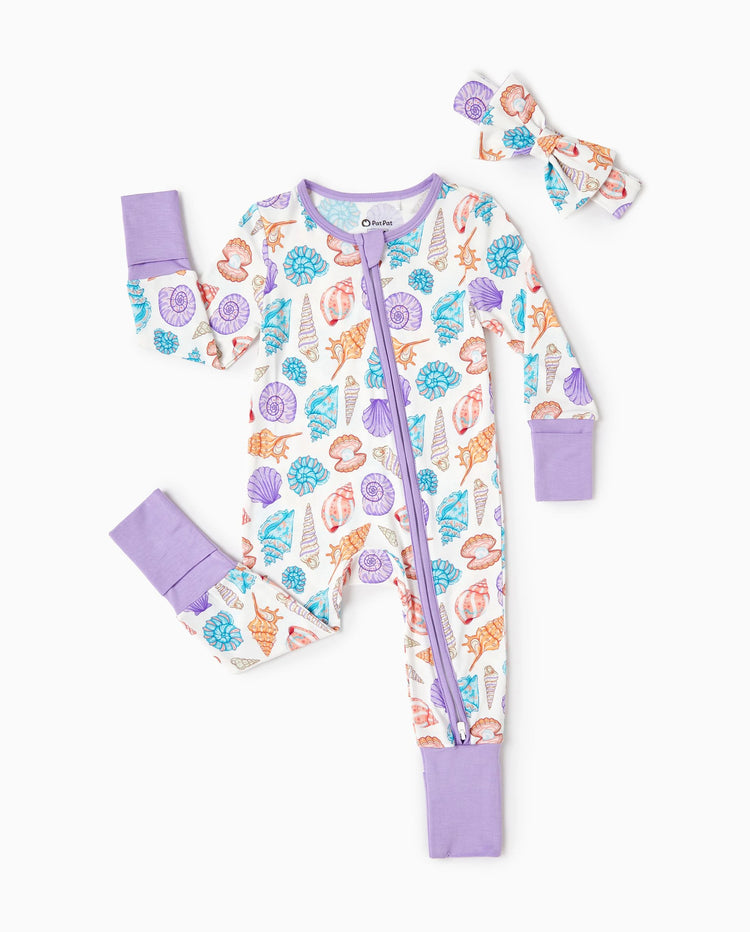 Bamboo Baby Girl Elegant Printed 2-Way Zip Onesies Anti-Rutsch-Langarm-Footie mit Haarband Lila
