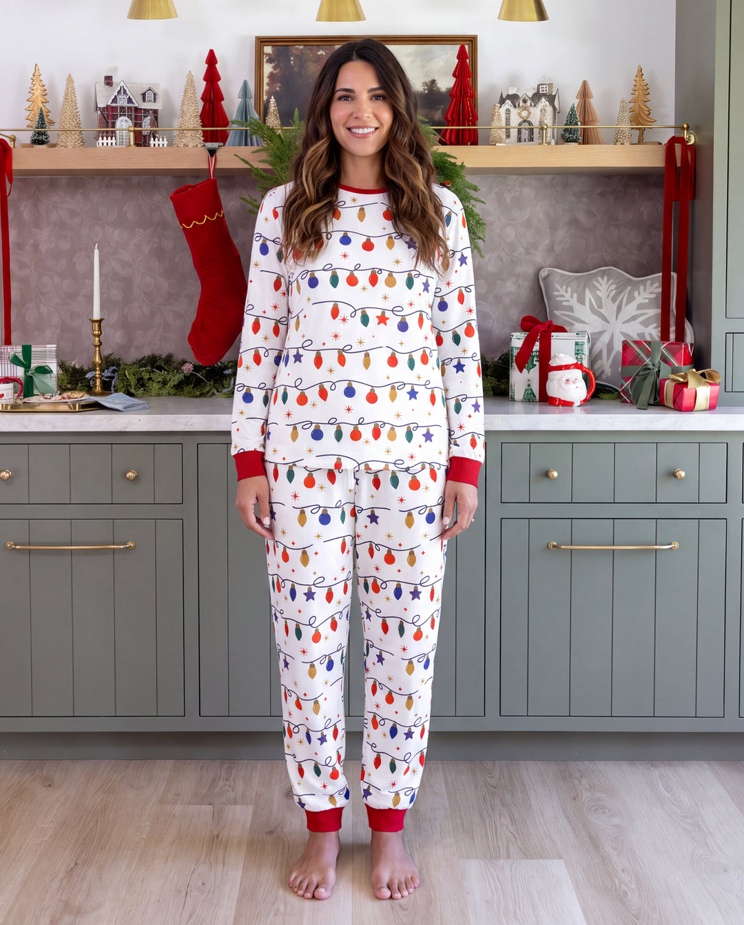 Christmas Matching Family Pajamas Xmas Lights Print White