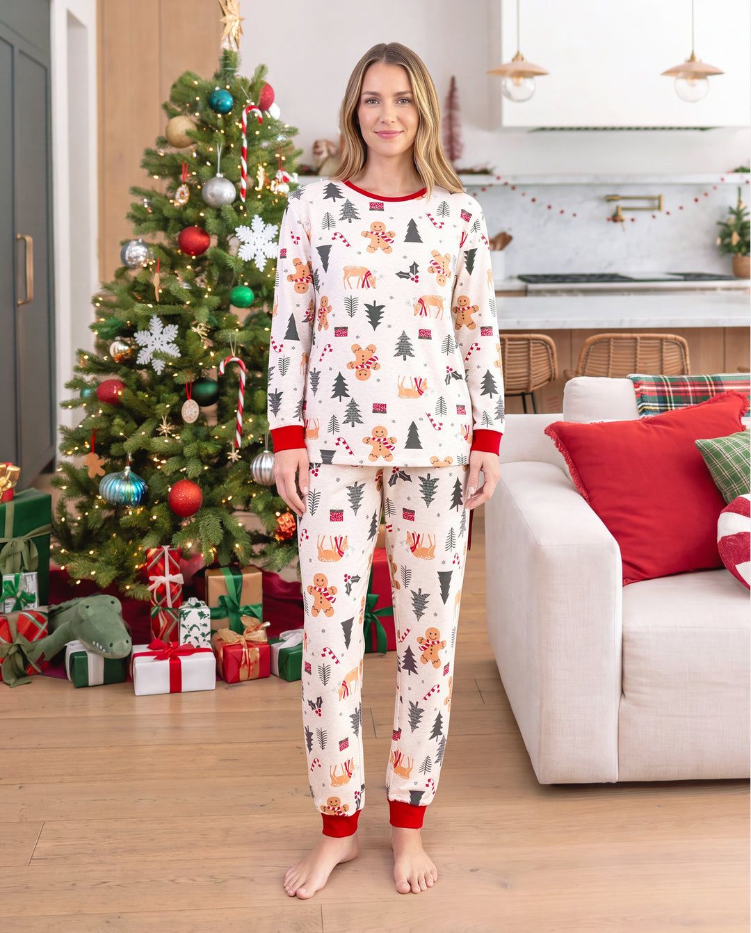 PatPat Family Matching Christmas Pajamas Christmas Tree & Gingerbread Print Cotton Cream