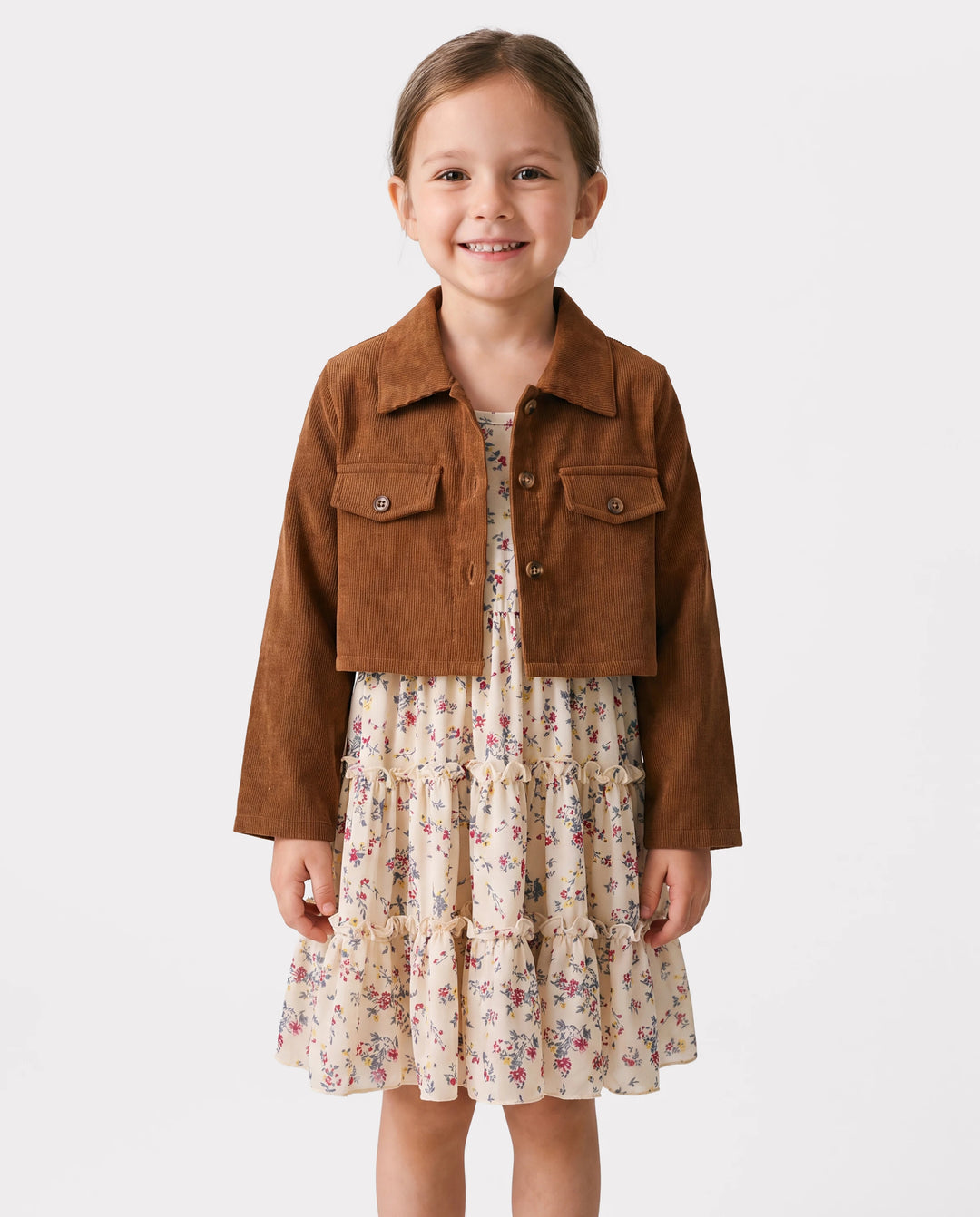 Kleinkind Mädchen 2pcs Reverskragen Jacke und florales Rüschenkleid Set khaki