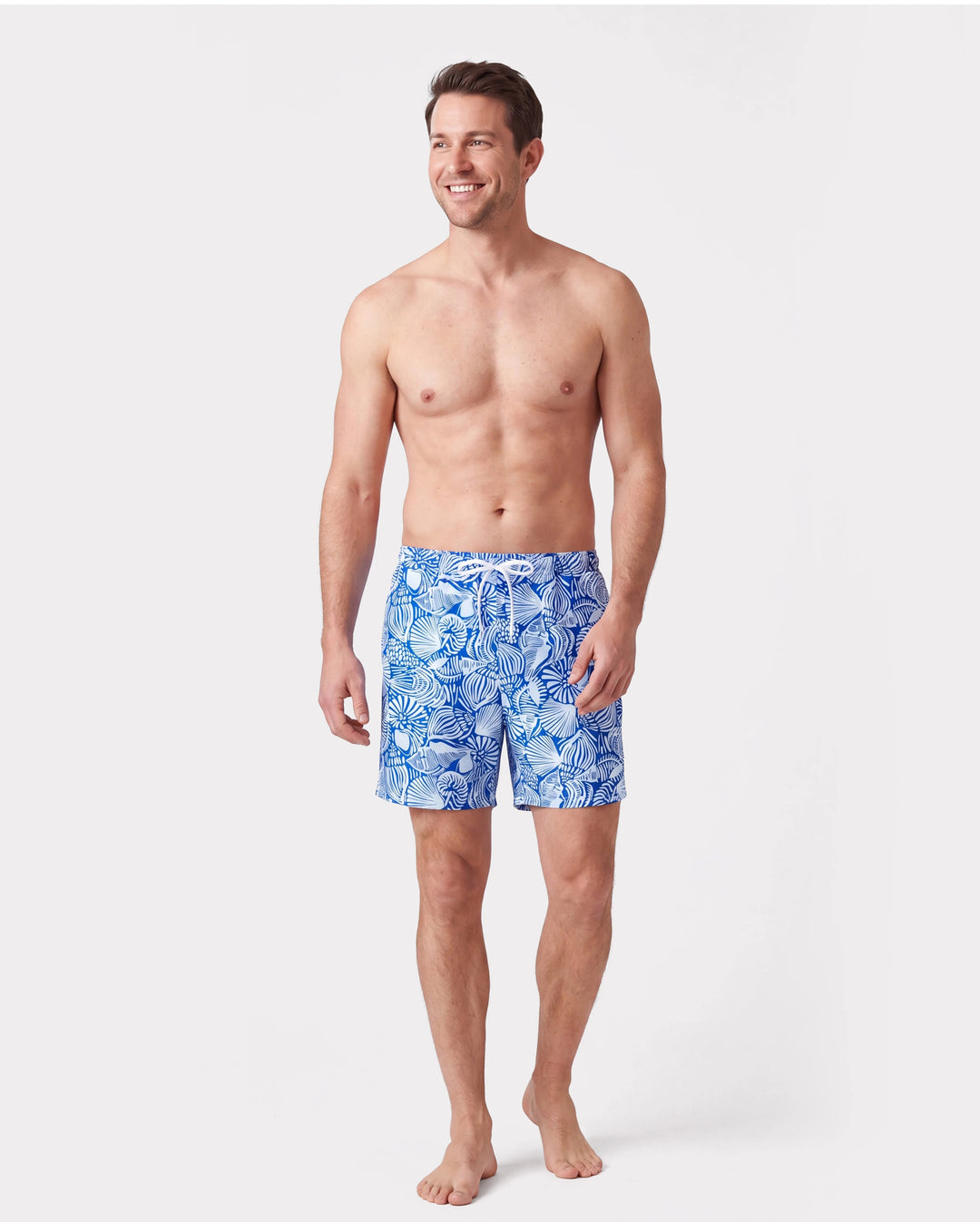 Matching Family Shell Print Swimwear Floral two-piece Bikini & Swim Shorts Set for Mom, Dad, & Kids, Perfect for Beach Days & Pool Parties Blue