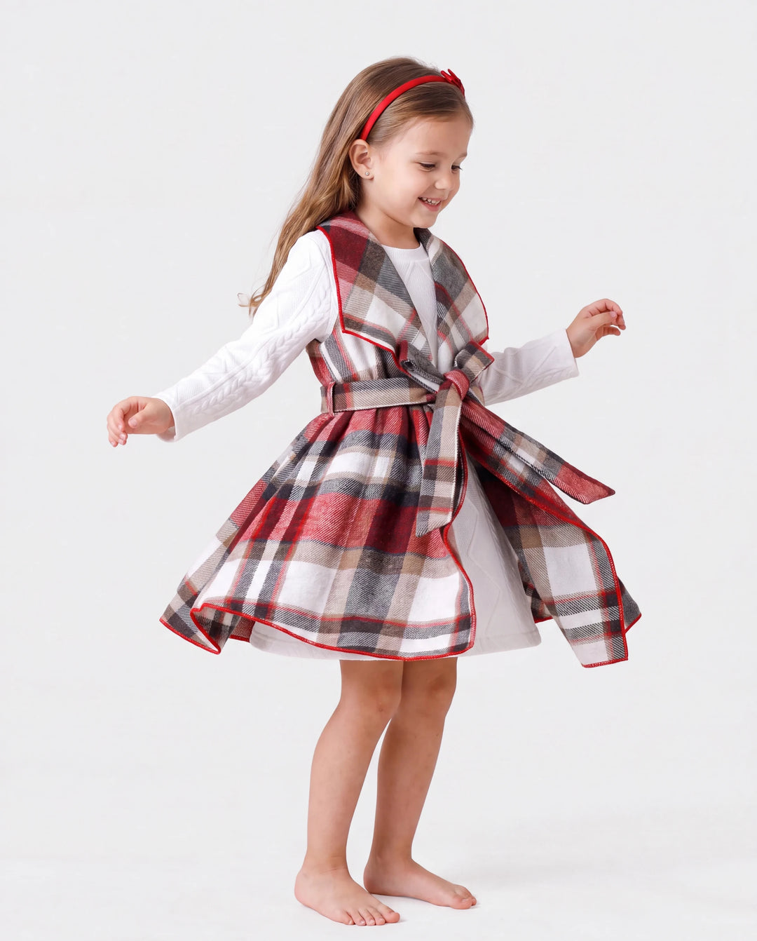 3PCS Toddler Girl Asymmetrical Hemline Classic Grid Dress Set Red