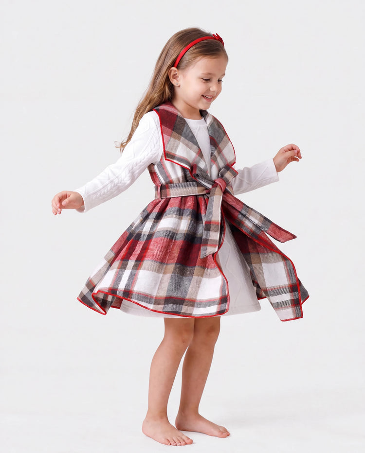 3PCS Toddler Girl Asymmetrical Hemline Classic Grid Dress Set Red