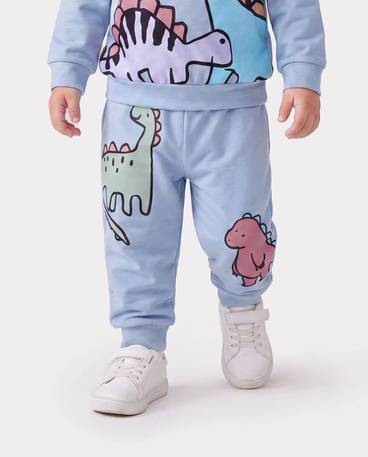 Baby Boy Clothes 2pcs Dinosaur/ Vehicle Print Sweatshirt and Pants Set Blue grey