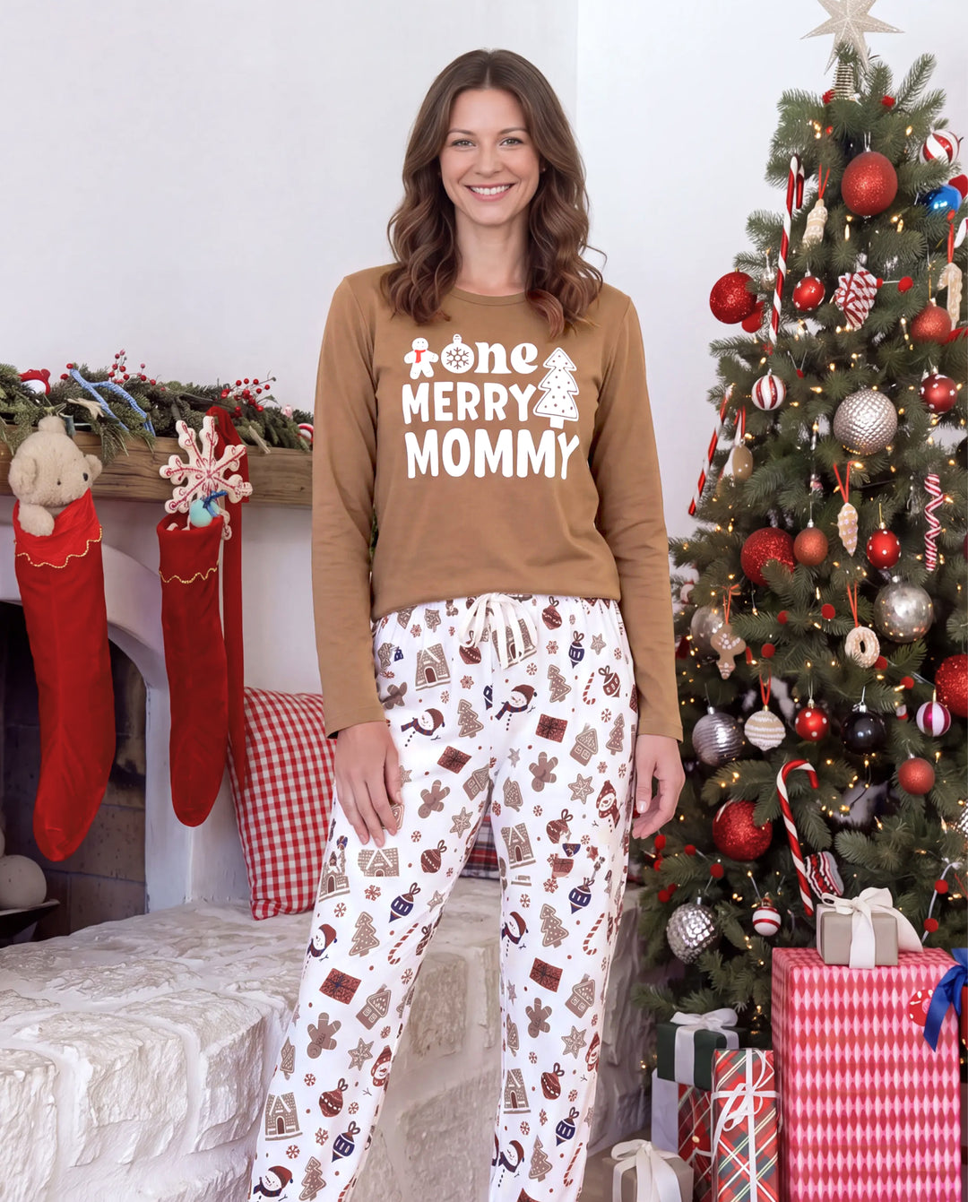 Pyjamas de Noël assortis pour la famille, imprimé bonhommes en pain d’épices et sapins de Noël