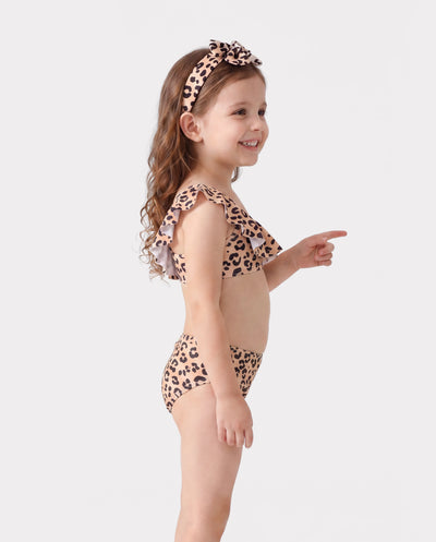 Maillot de bain 2 pièces à volants et imprimé léopard pour petite fille, 3 pièces, coloré