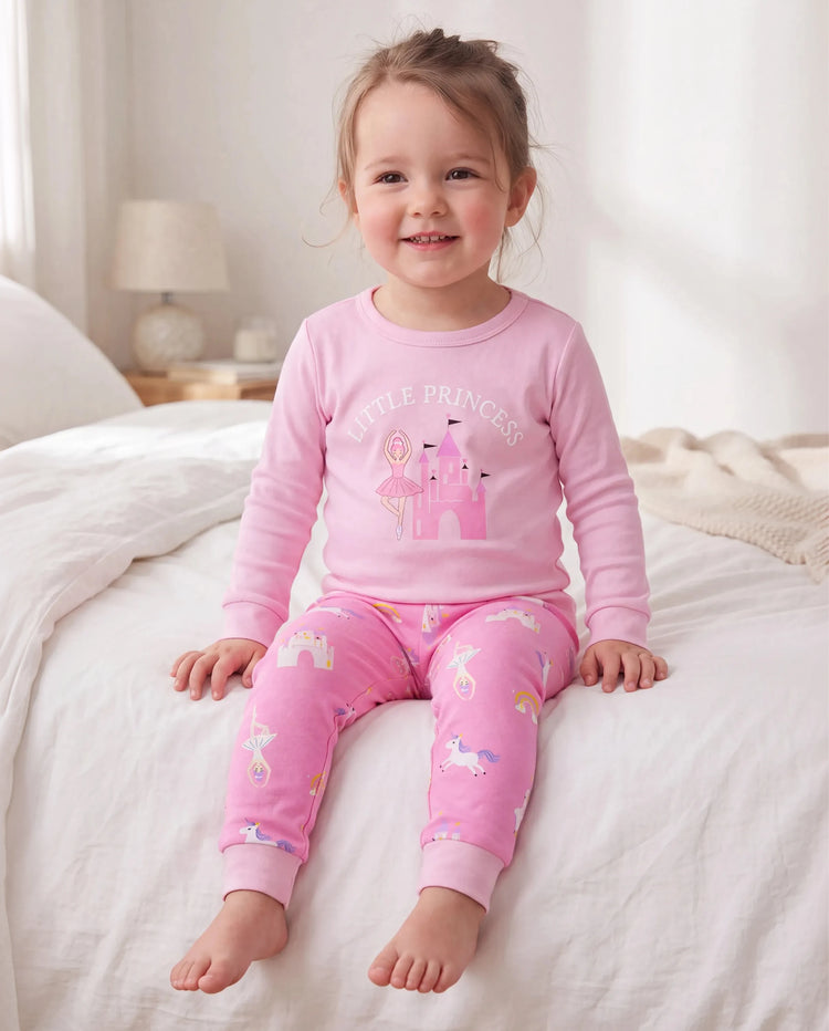 Toddler / Kids 4-piece Organic Cotton Pajamas 4-in 1 Snug fit PaJama Set for Girls Pink