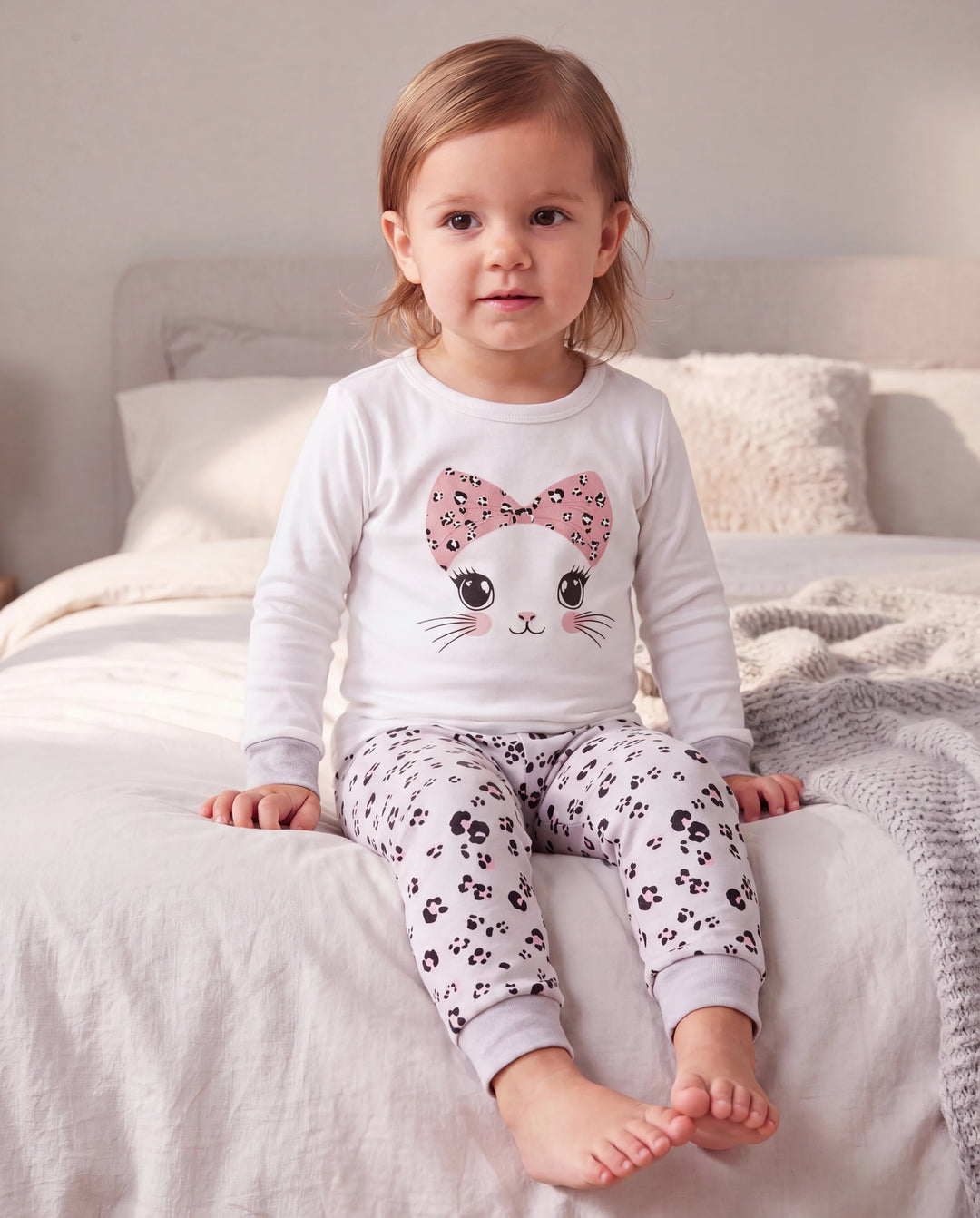 Toddler / Kids 4-piece Organic Cotton Pajamas 4-in 1 Snug fit PaJama Set for Girls White
