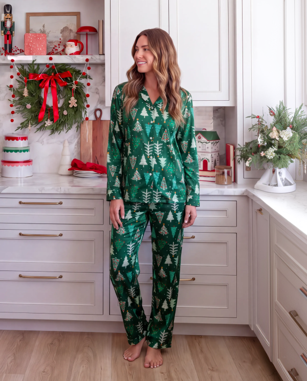 Christmas Matching Family Pajamas Xmas Tree Print Dark Green