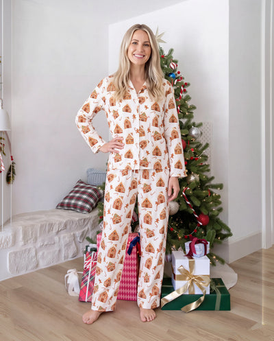 Christmas Matching Family Pajamas Gingerbread House Print Brown