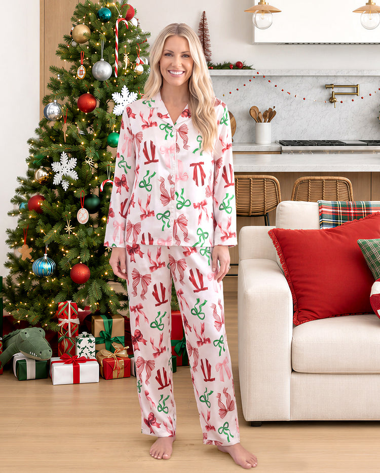 Pyjamas de Noël assortis pour toute la famille, imprimé nœuds et carreaux, satin multicolore