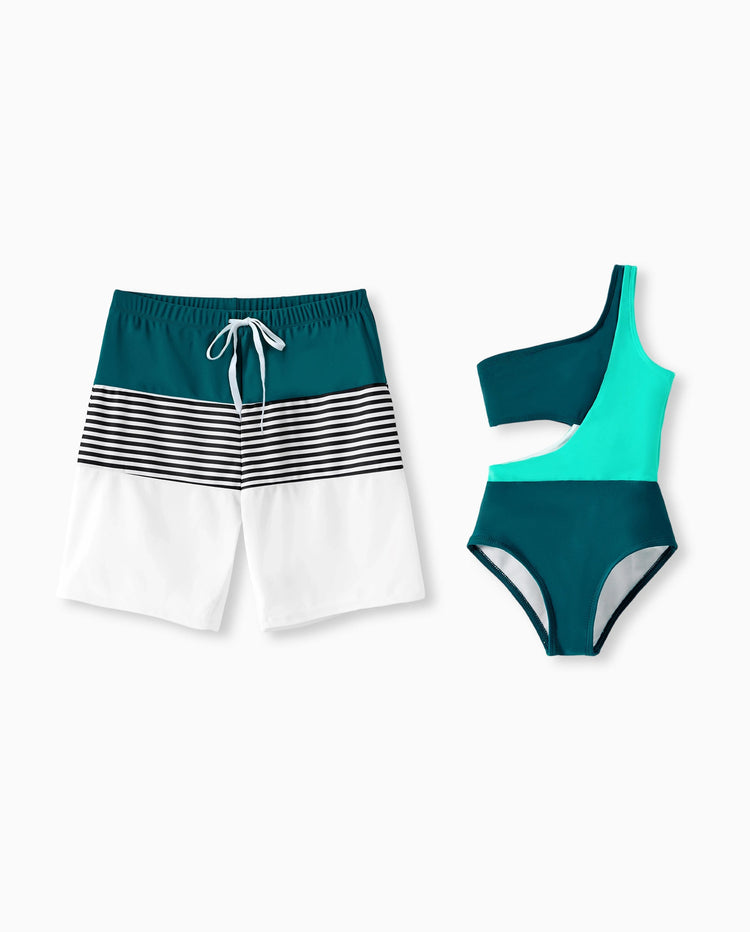 Daddy & Daughter Colorblock One Shoulder Cut Out One-piece Swimsuit and Striped Spliced Swim Trunks Shorts DeepTurquoise