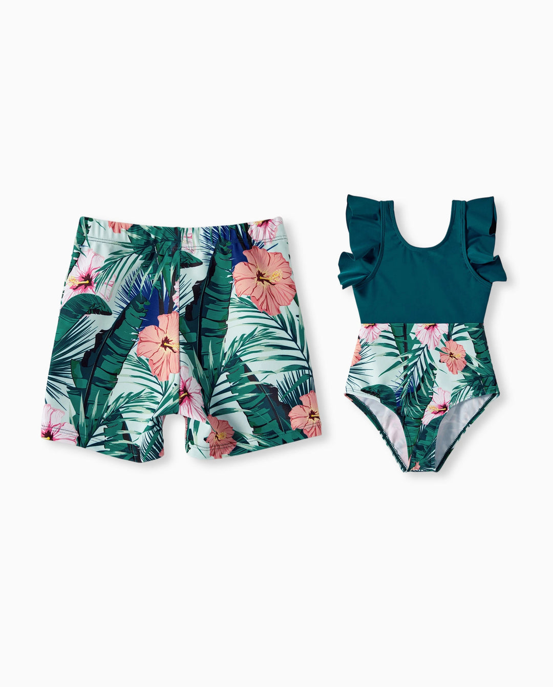 Maillot de bain une-pièce ou short de bain Papa & Fille à imprimé plantes avec bordure à volants Vert