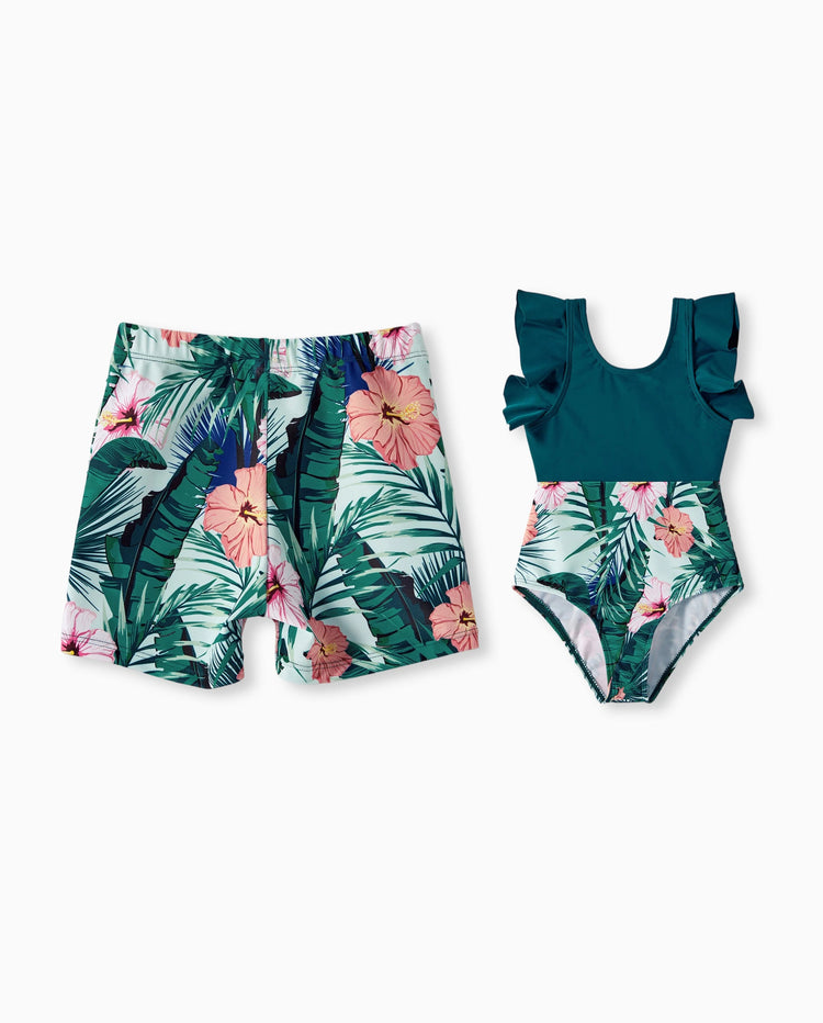 Maillot de bain une-pièce ou short de bain Papa & Fille à imprimé plantes avec bordure à volants Vert