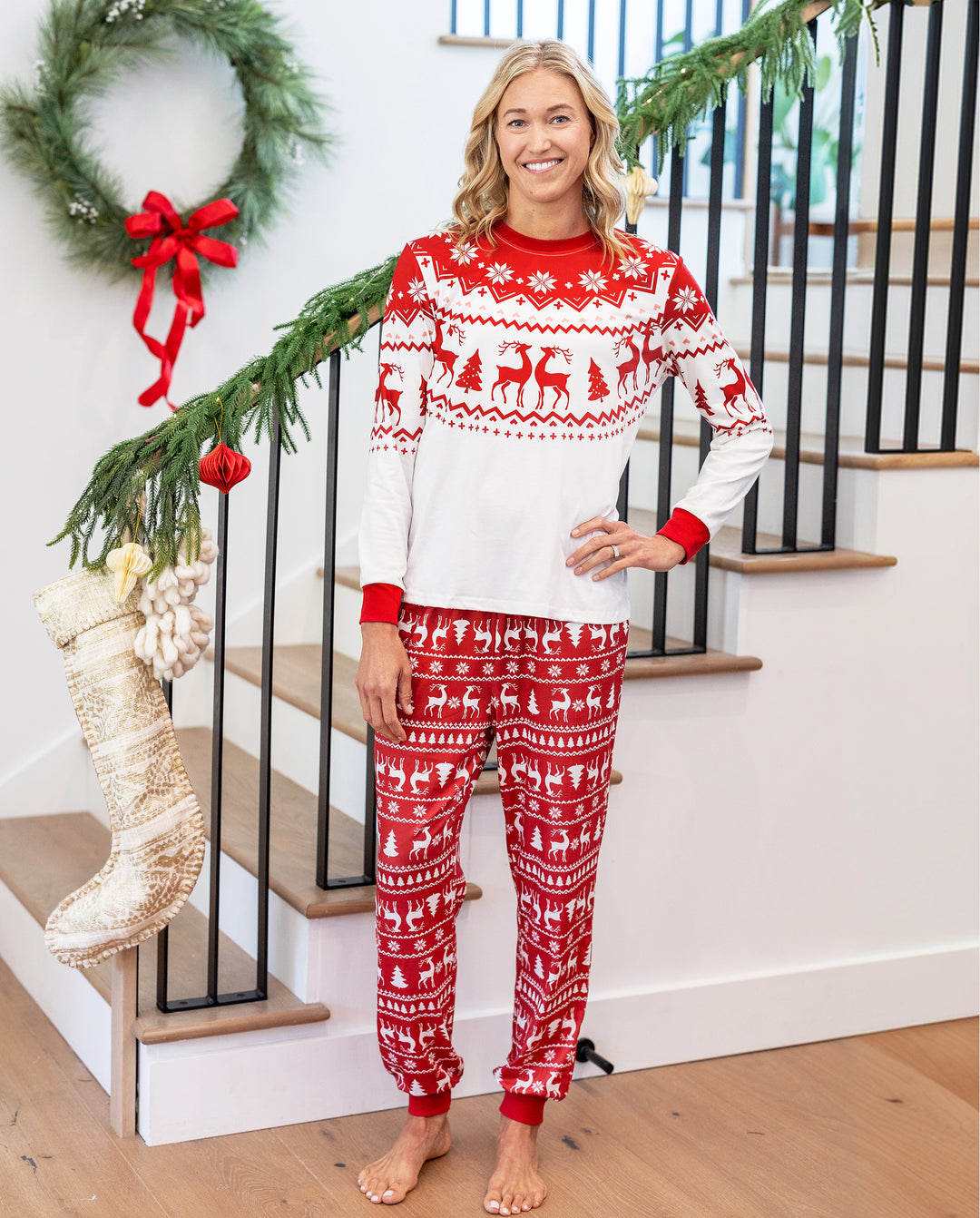 Family Matching Christmas Pajamas Fair Isle & Reindeer Print Red