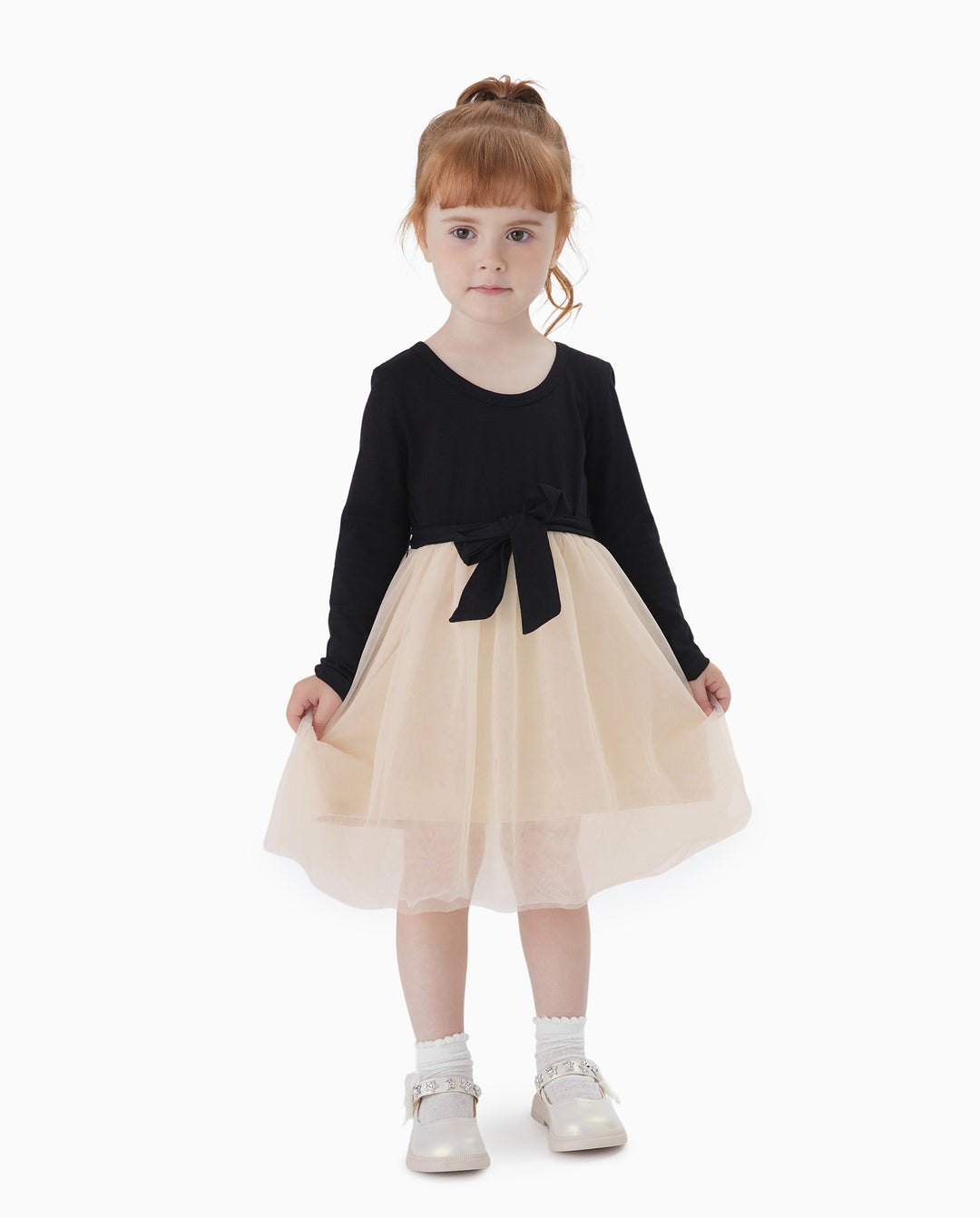 Family Matching Black-Almond Mesh Skirt and Classic Round Neck Long Sleeve Tops Sets Black