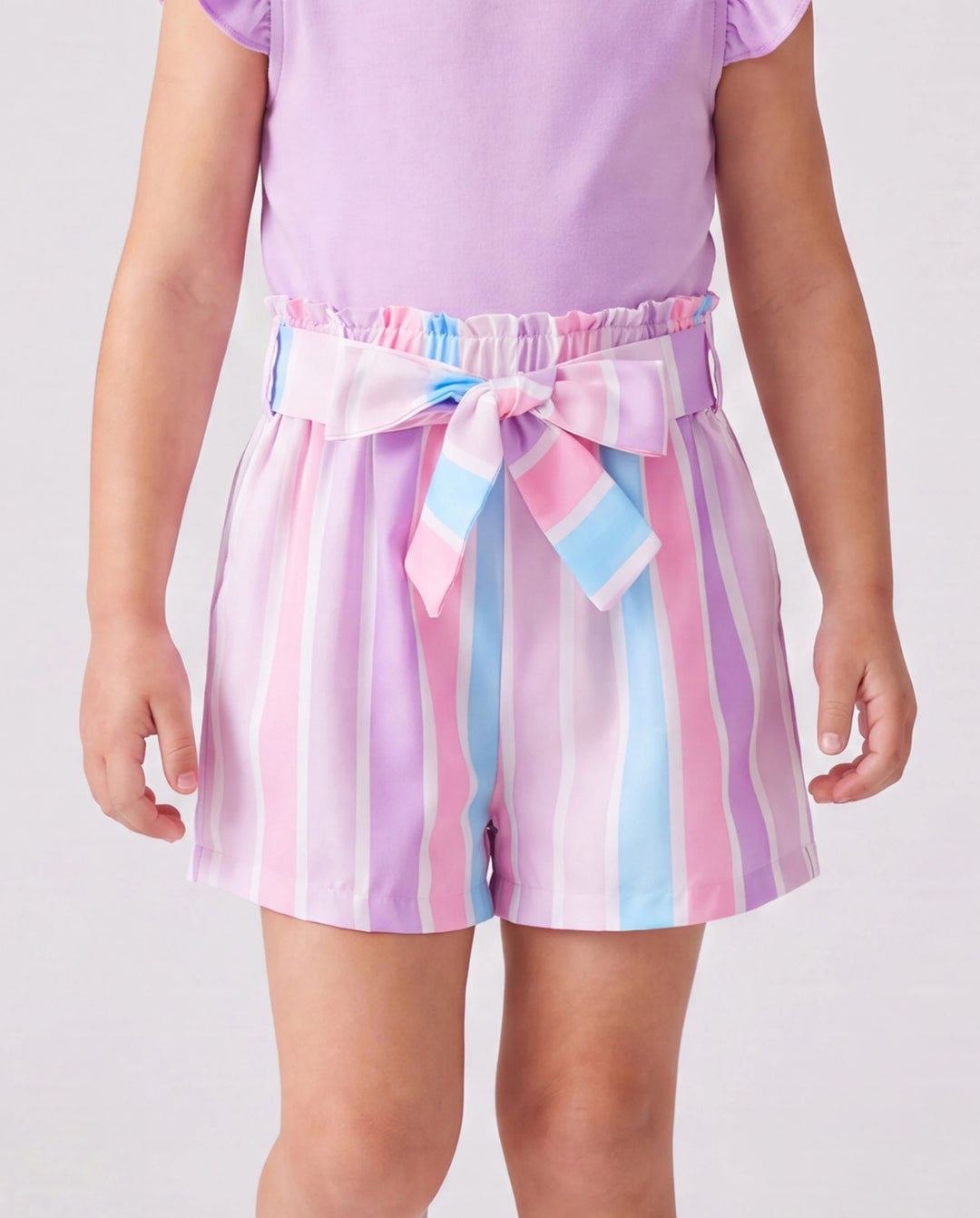 2pcs Toddler Girl Sweet Flutter-sleeve Tee and Stripe Belted Shorts Set Light Purple