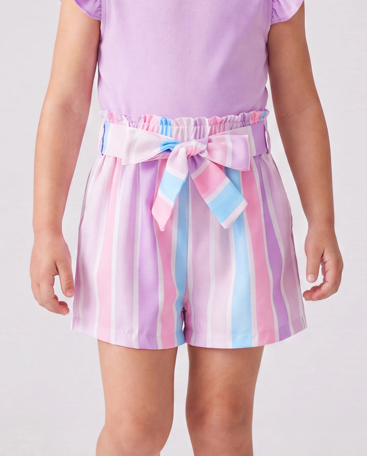 2pcs Toddler Girl Sweet Flutter-sleeve Tee and Stripe Belted Shorts Set Light Purple