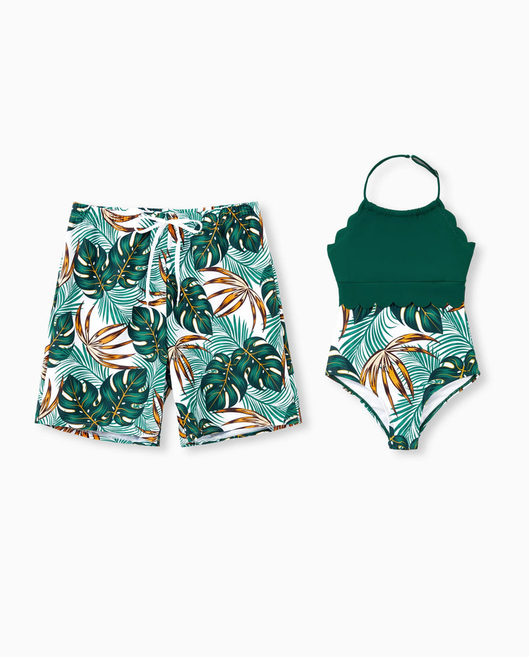Daddy & Tochter Allover Pflanzenmuster Badeshorts und Spaghettiträger Zusammengesetzter Einteiler Badeanzug Dunkelgrün