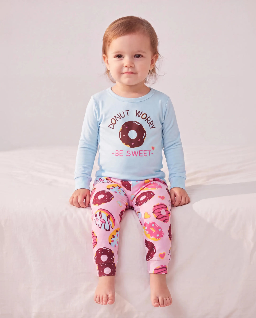 Pyjama 4 pièces en coton biologique pour tout-petits/enfants, ensemble 4 en 1 coupe ajustée pour filles, bleu clair